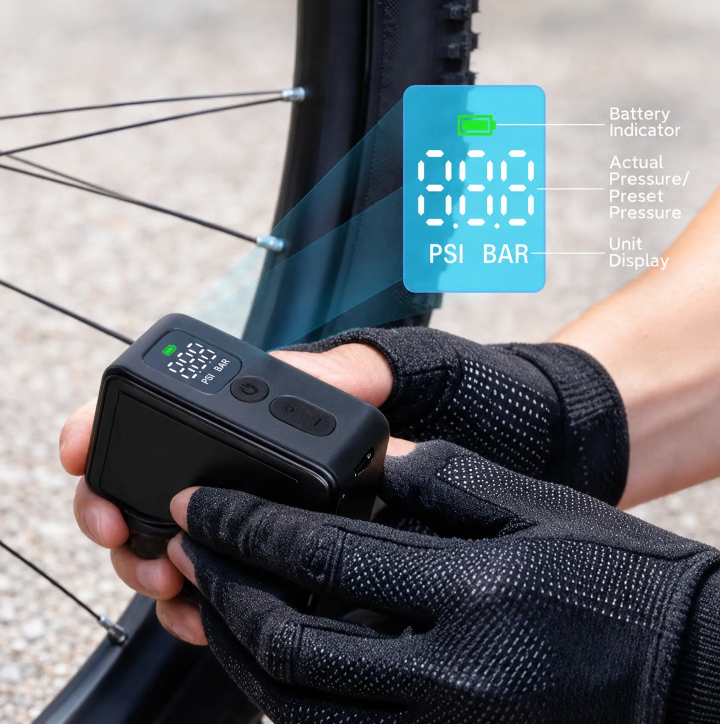 Mini pompe électrique vélo 120 PSI - Arrêt automatique - Manomètre LED - Compatible Presta et Schrader
