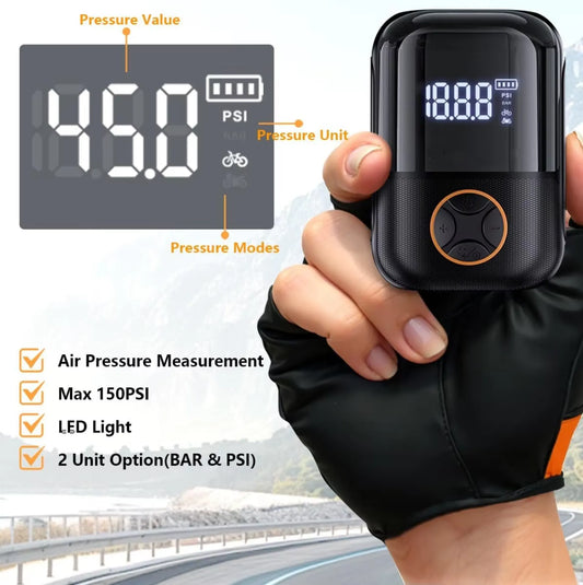 Mini pompe/compresseur électrique portable 150 PSI Presta/Schrader avec écran digital-USB-C-165g