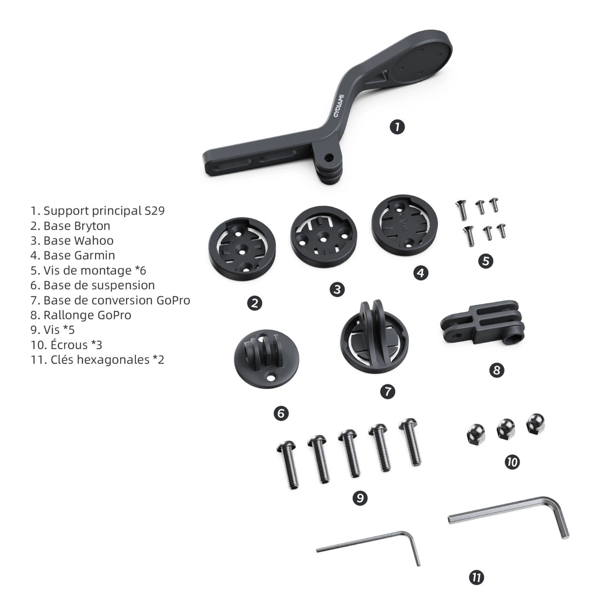 Support compteur multifonction CYCLAMI S29 - Garmin, Wahoo, Bryton + fixation GoPro