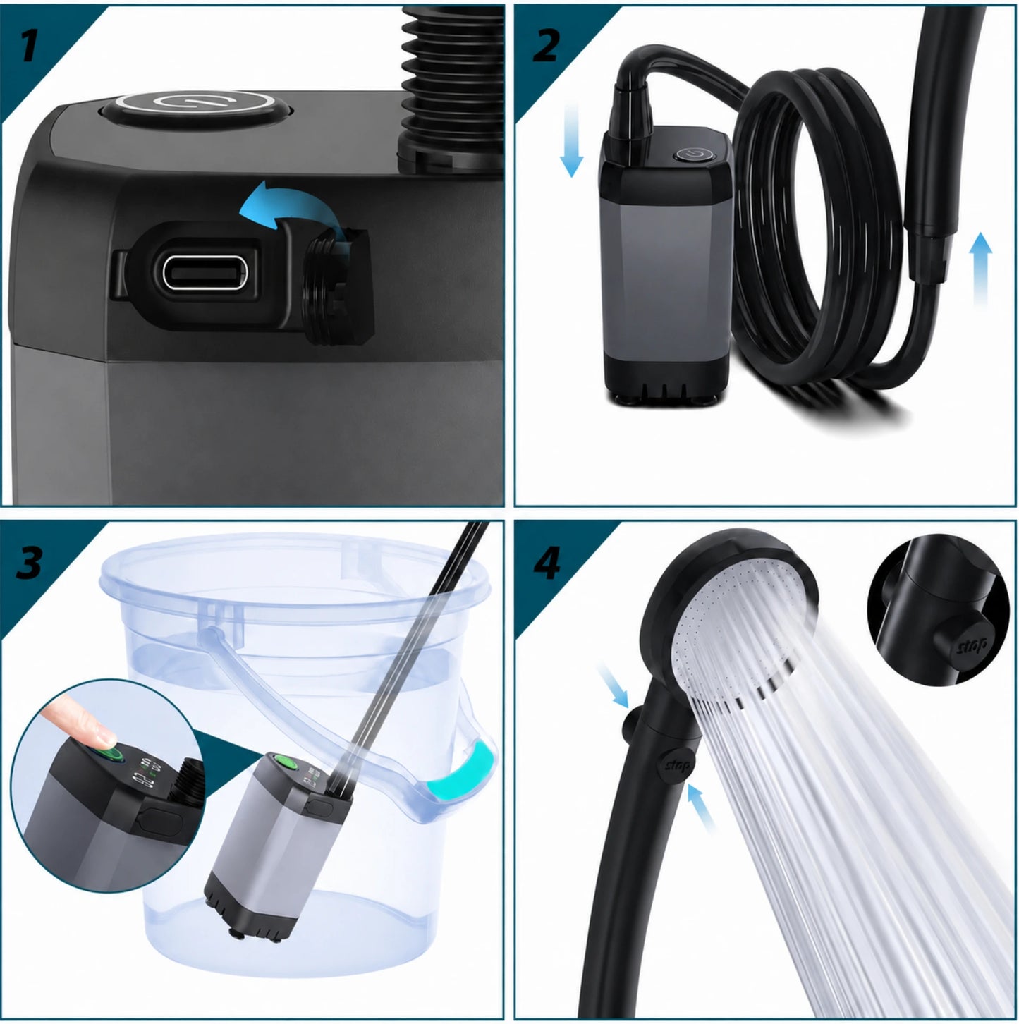Douche portable électrique USB-C 6000 mAh – Écran LED, 4 modes de jet et pompe IPX7