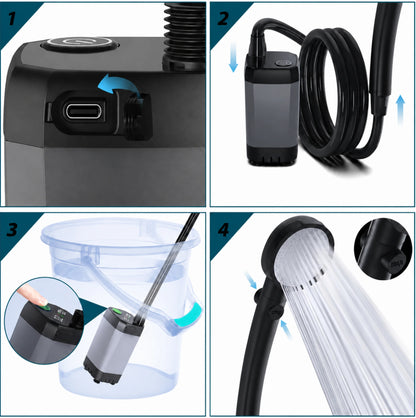Douche portable électrique USB-C 6000 mAh – Écran LED, 4 modes de jet et pompe IPX7