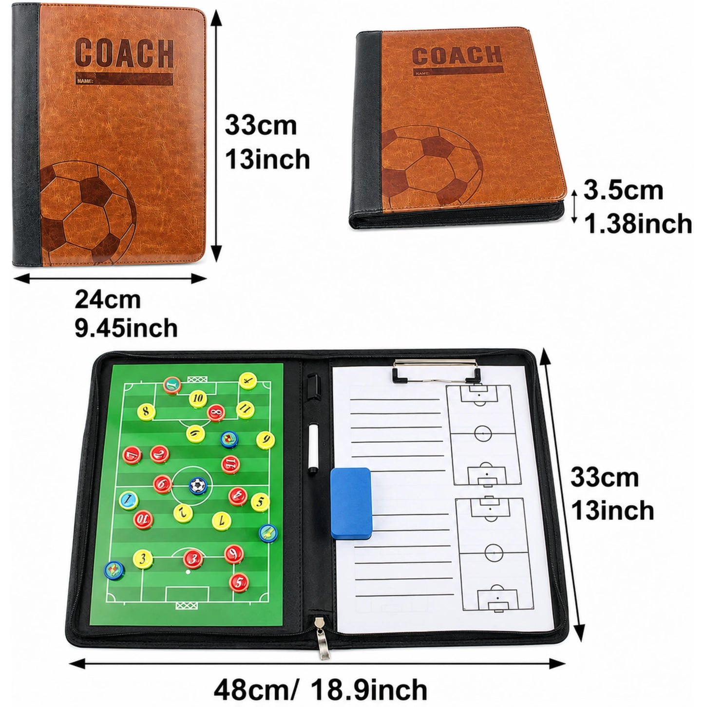 Tableau tactique de football magnétique pliable – Mallette coach avec 26 aimants, feutres et accessoires