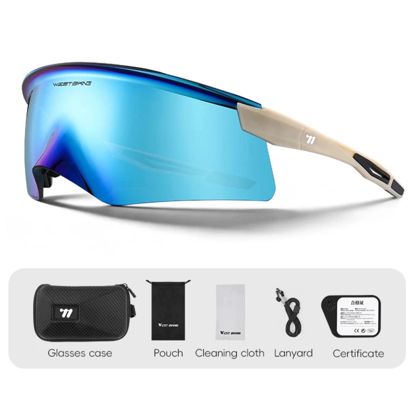 Lunettes de cyclisme WEST BIKING HD Coated – UV400 – Écran panoramique White Ice Blue