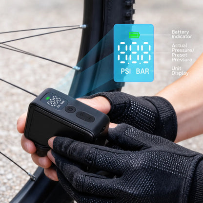 Mini pompe électrique vélo 120 PSI - Arrêt automatique - Manomètre LED - Compatible Presta et Schrader