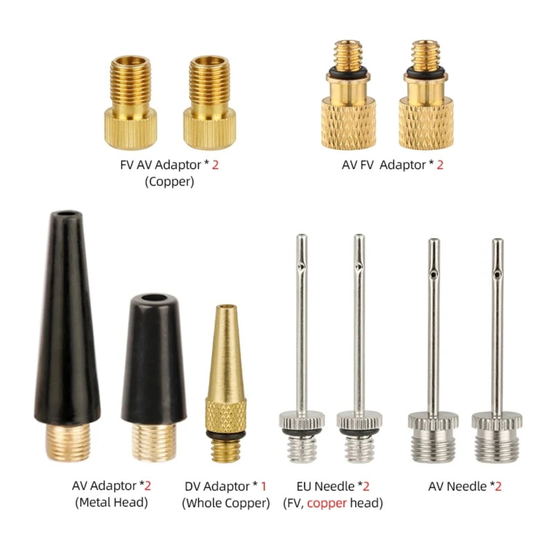 Kit de 11 embouts et adaptateurs de gonflage - Presta, Schrader, Dunlop et aiguilles pour ballons