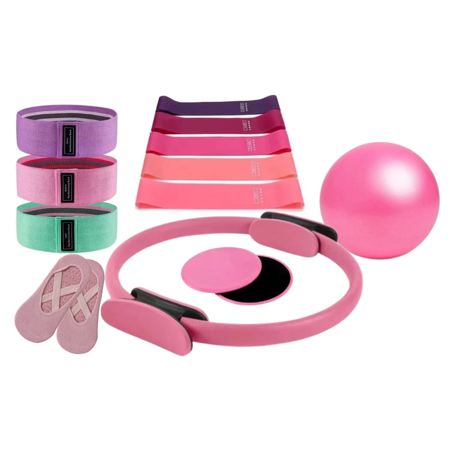 Kit complet Pilates/Fitness-Anneau, bandes élastiques, disques de glisse, mini balle et chaussettes yoga