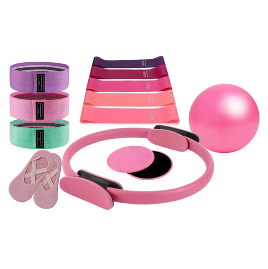 Kit complet Pilates/Fitness-Anneau, bandes élastiques, disques de glisse, mini balle et chaussettes yoga