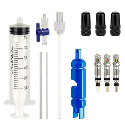 Kit d'injection liquide préventif Tubeless vélo – Seringue 60 ml + outil valve Presta/Schrader + 3 bouchons