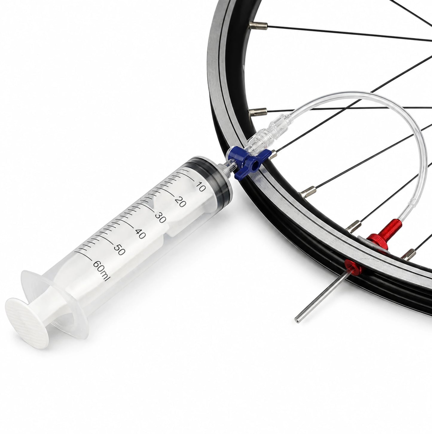 Kit d'injection liquide préventif Tubeless vélo – Seringue 60 ml + outil valve Presta/Schrader + 3 bouchons – vue 2