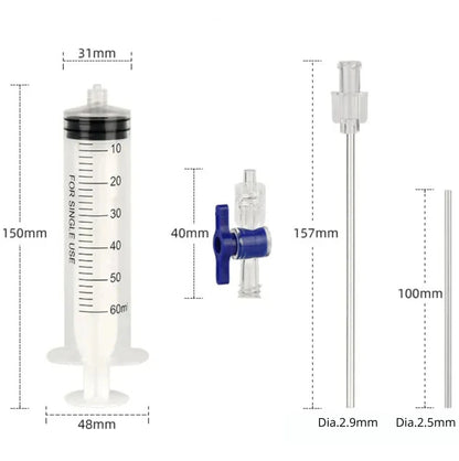 Kit d'injection liquide préventif Tubeless vélo – Seringue 60 ml + outil valve Presta/Schrader + 3 bouchons – vue 7