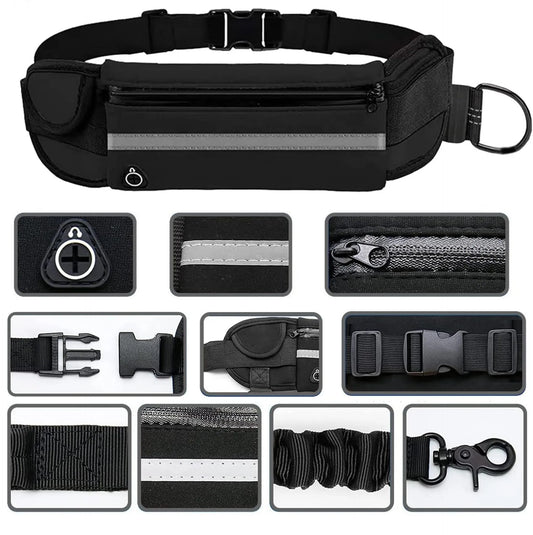 Laisse de taille mains libres pour chien en nylon – Ceinture de course avec sac et corde de traction élastique réfléchissante