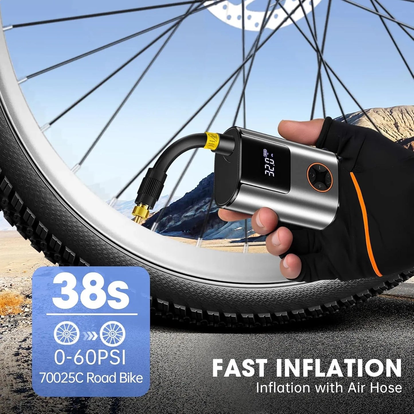 Mini compresseur électrique /Pompe électrique vélo 150 PSI - 600 mAh - écran LCD – vue 3