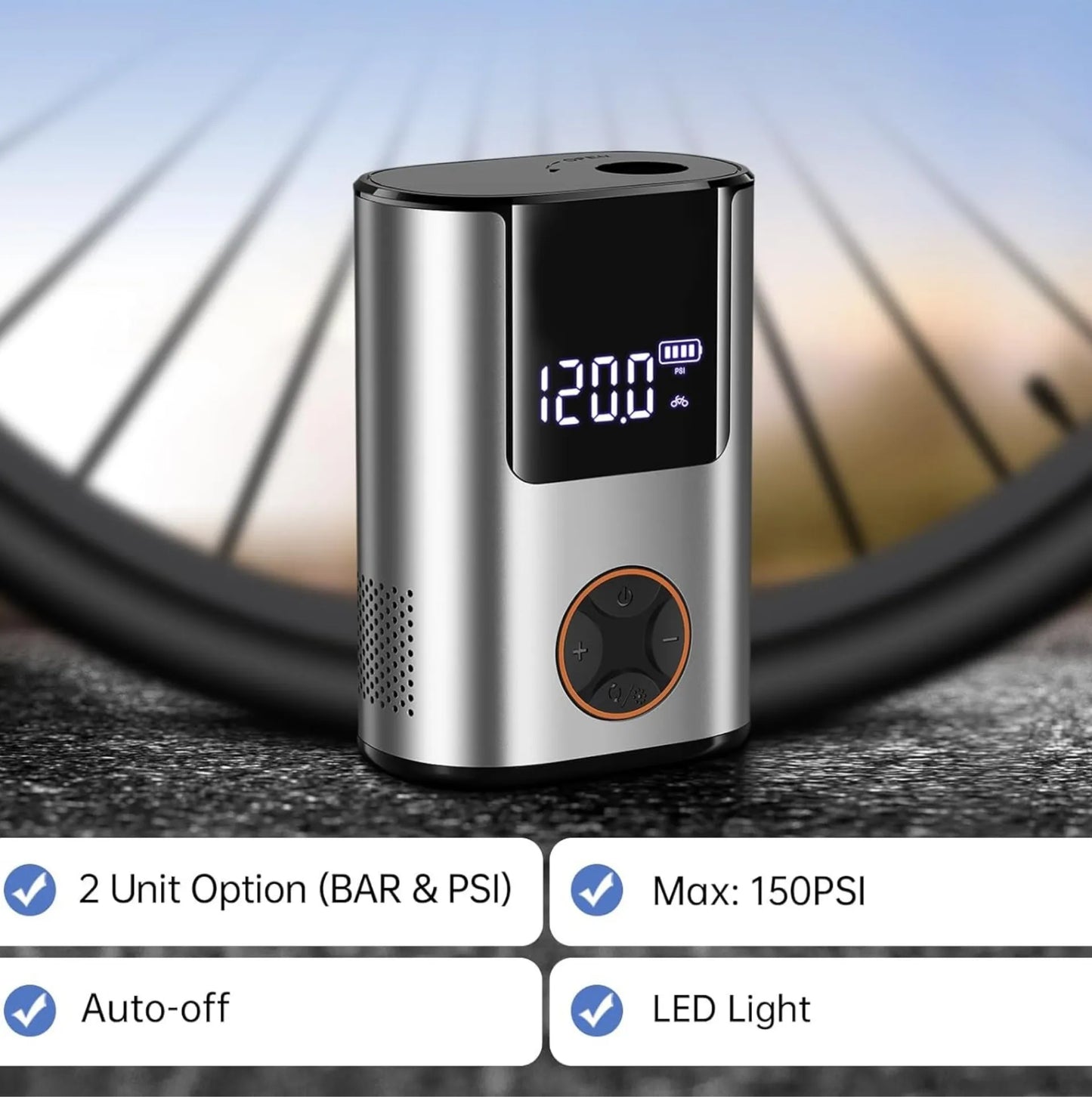 Mini compresseur électrique /Pompe électrique vélo 150 PSI - 600 mAh - écran LCD – vue 5