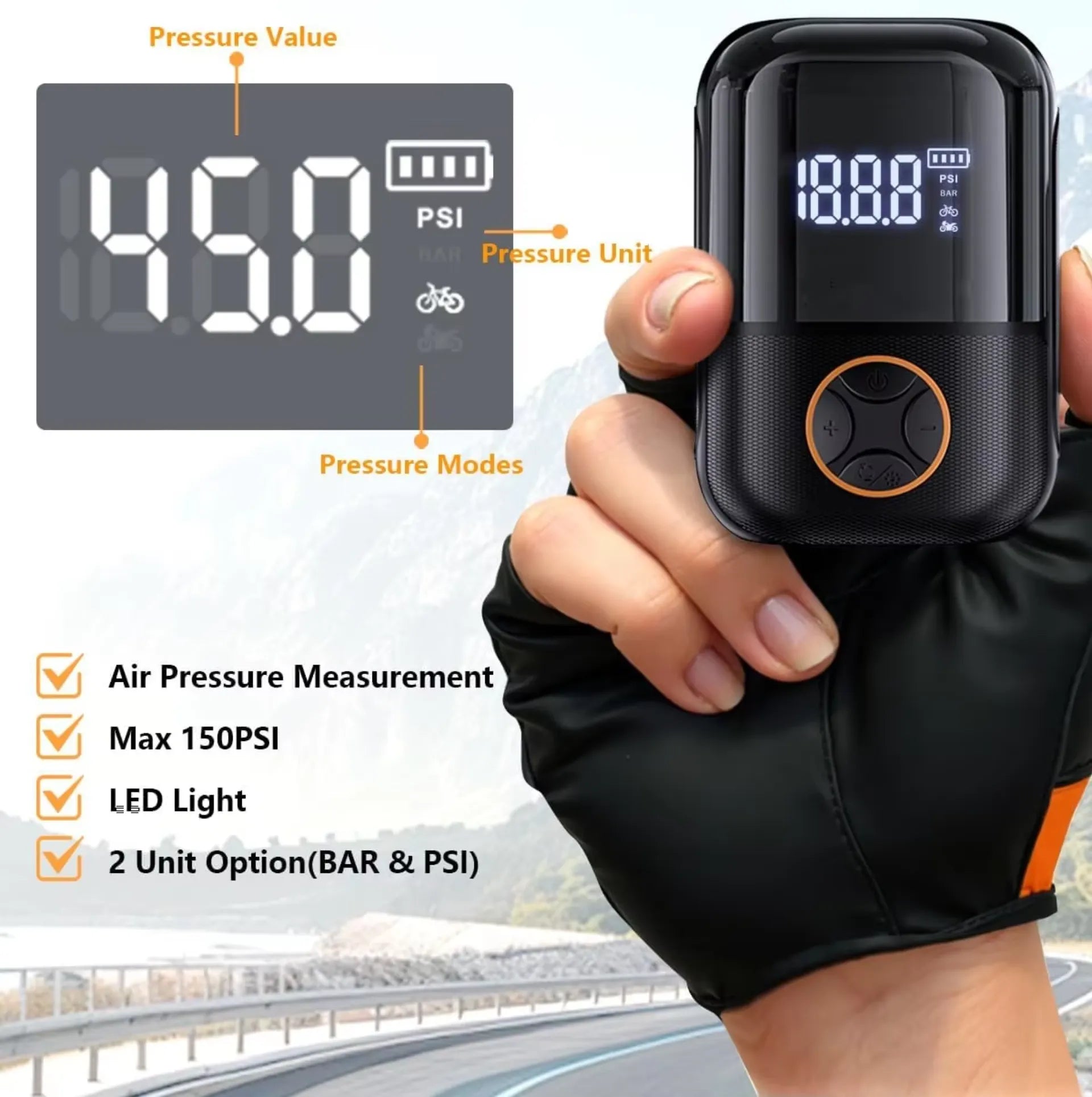Mini pompe/compresseur électrique portable 150 PSI Presta/Schrader avec écran digital-USB-C-165g – vue 2