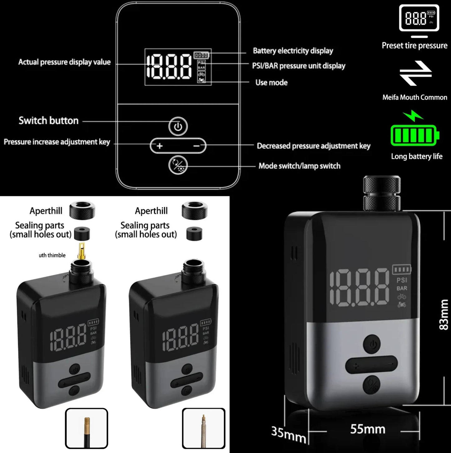Mini pompe/compresseur électrique vélo intelligente Presta/Schrader USB-C 150 PSI-Affichage digital-165g – vue 4