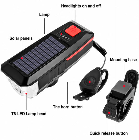 Phare avant vélo solaire et USB rechargeable – 350 lumens avec klaxon 120 dB