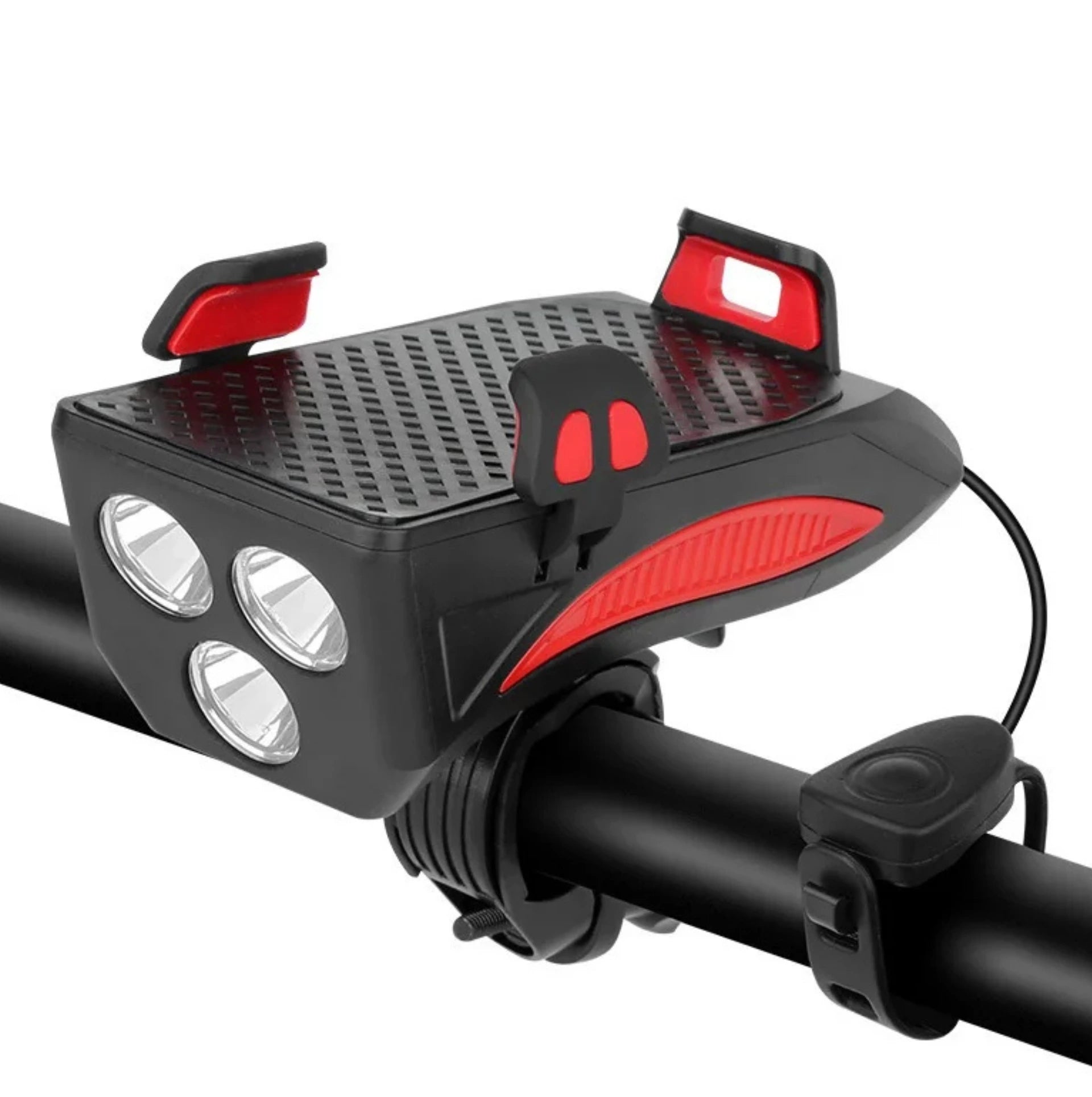 Phare vélo 4 en 1 – 400 lumens avec support smartphone, klaxon 130 dB et batterie externe
