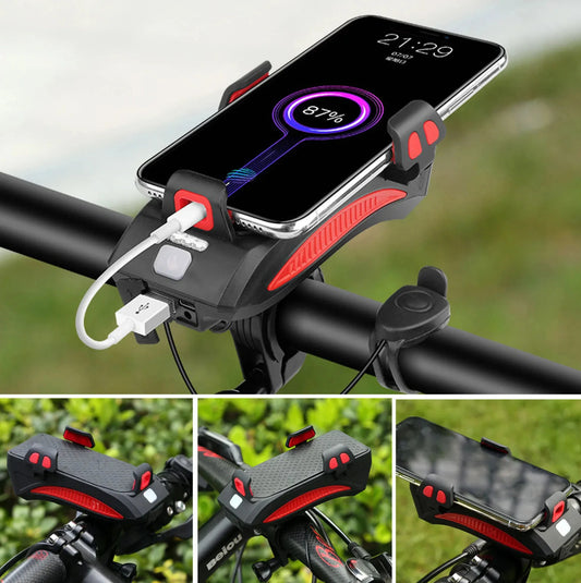 Phare vélo 4 en 1 – 400 lumens avec support smartphone, klaxon 130 dB et batterie externe