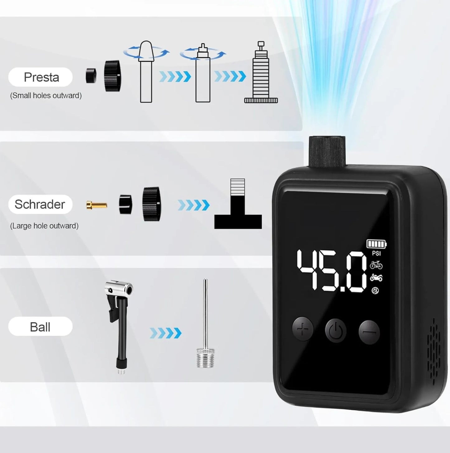 Pompe électrique portable – 150 PSI – Rechargeable USB-C - Presta/Schrader – vue 4